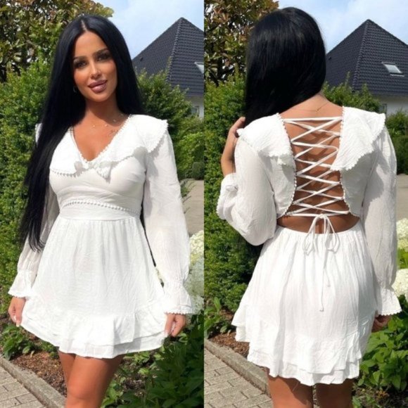 Dresses & Skirts - White Long Sleeve V-Neck Open Back Ruffle Hem Mini Dress